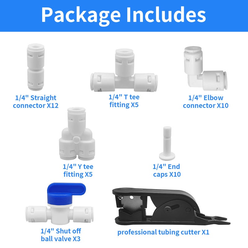 Sweezwon Water Tube Fittings Kit  1/4"" OD Quick Connect Push to Connect Fittings for RO/DI Water Filter System (Ball Valve+ T+ I+ L+ Y+ Professional Tubing Cutter  46Pcs) - Image 2